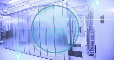 Showing metallic server racks stretching away in datacenter hallway with Cyber security overlay