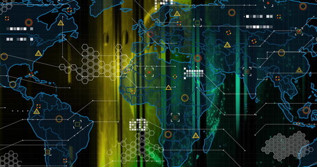 Displaying glowing world map streaming over digital grid dashboard, with data nodes and alert icons