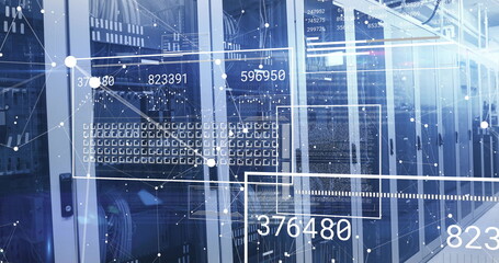 Displaying glass server cabinets streaming data in server room, with LED lights and digital overlay