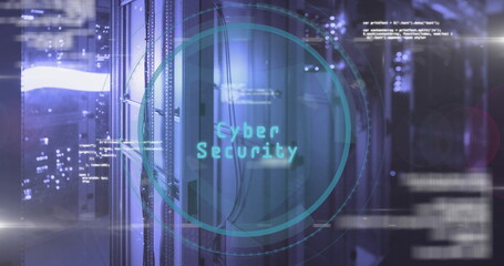 Showing lit data center aisle with server racks and Ethernet cables, HUD circle and floating code