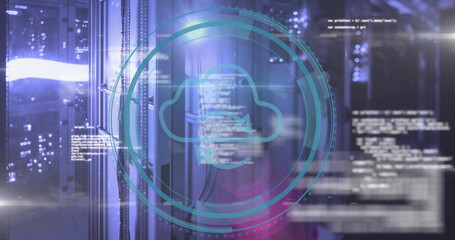 Glowing teal cloud computing graphic overlaying server racks and network cables, floating code