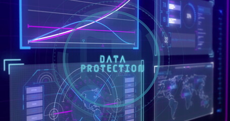 Displaying glowing DATA PROTECTION overlay in cybersecurity control room, with holographic panels
