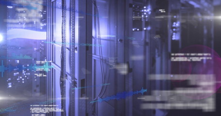 Displaying server rack showing holographic overlays in data center, with bundled cables, LED lights