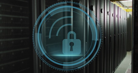 Overlaying padlock icon over data center aisle with server racks, ventilation grates, cable trays