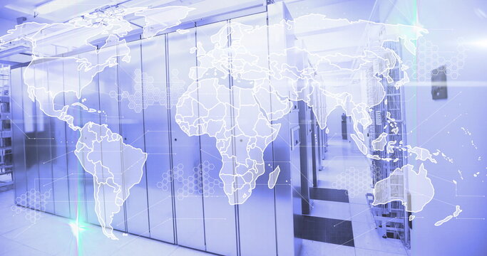 Glowing server racks flashing LEDs on raised floor in data center, with world map overlay