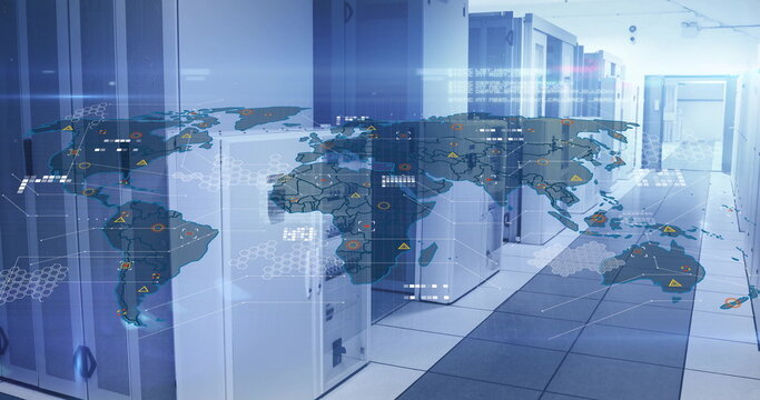 Displaying world map overlays across server cabinets in data center corridor, with network cables