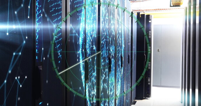 Server rack cabinets monitoring network in data center aisle, with world map and green radar grid