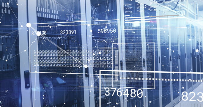 Displaying glass server cabinets streaming data in server room, with LED lights and digital overlay