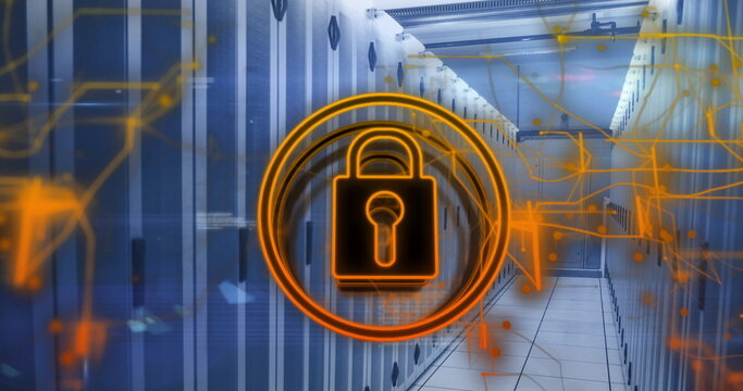 Highlighting glowing orange padlock icon securing server corridor, with racks and network overlays
