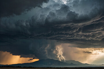 Photo of a dramatic supercell storm unleashes its power over a mountain range