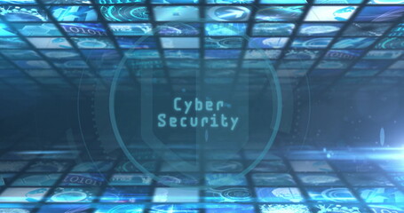 Glowing circular HUD element hovering over cyberspace tunnel, with Cyber Security text and padlocks