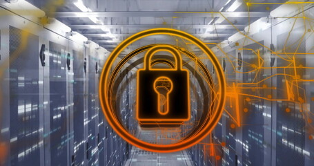 Displaying glowing orange padlock icon overlay floating in data center corridor with server racks