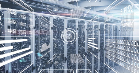 Displaying server racks projecting holographic overlays and LEDs in data center aisle, with cables