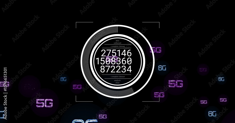 Poster displaying circular data interface on screen, with numeric readouts and floating 5g 6g labels