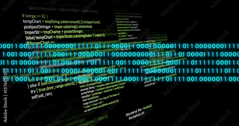 Poster streaming bright cyan binary digits across dark terminal screen, with green code lines