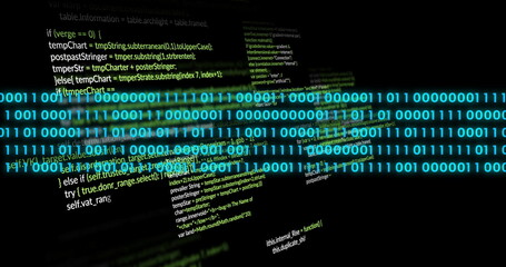 Streaming bright cyan binary digits across dark terminal screen, with green code lines