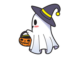 Charming ghost character dressed in a witch hat while holding a pumpkin bucket, embodying the playful side of Halloween celebrations