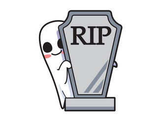 Playful ghost character peeking from behind a gravestone with RIP inscription, adding a lighthearted touch to Halloween celebrations