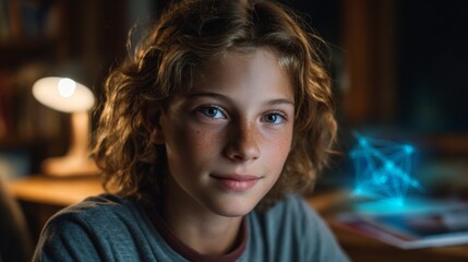 Young boy looking : A young boy sits at his desk, his eyes full of curiosity and wonder. An illustration of digital technology appears near him, adding a touch of mystery.