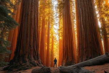 A lone person standing among towering giant sequoia trees bathed in warm golden sunlight in a dense forest