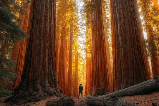 A lone person standing among towering giant sequoia trees bathed in warm golden sunlight in a dense forest - Powered by Adobe