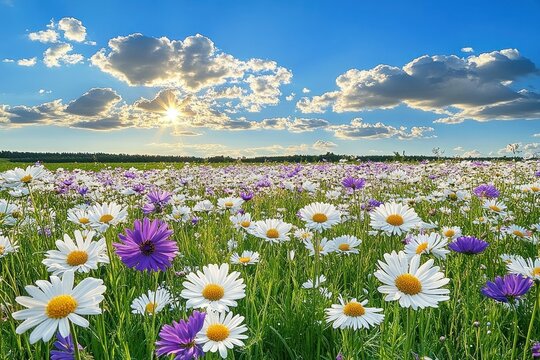 Bright sunny day over a vast field of blooming white and purple daisies with lush green grass under a blue sky scattered with fluffy clouds - Powered by Adobe