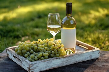 Fototapeta premium A wooden tray holding green grapes, a bottle of white wine, and a filled wine glass set on an outdoor wooden surface with a blurred green background