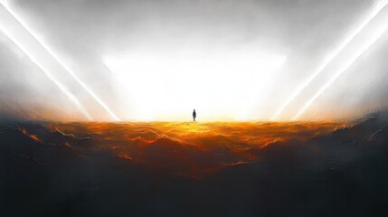 A lone figure standing on a glowing orange and black textured surface beneath a bright white sky with radiant light beams creating a dramatic and surreal atmosphere