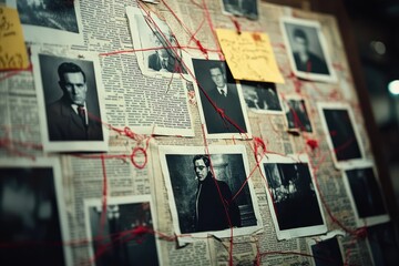 Investigation board with black and white photographs, newspaper clippings, and red string connecting various points, creating a sense of mystery and detective work