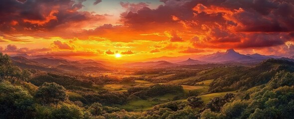 Vivid sunset over rolling green hills and distant mountains with dramatic orange and red clouds illuminating the vibrant landscape