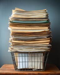 Large stack of assorted papers and documents piled high in a wire basket on a wooden surface against a plain wall, conveying a sense of clutter and overwhelming paperwork