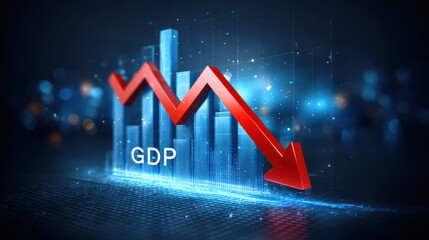 Trade impact of import tariffs concept. A digital graph illustrating a sharp decline in GDP with a red downward arrow over blue bar charts on a futuristic grid background.