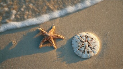 Seashell and starfish on beach