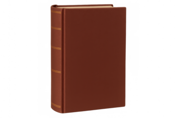Closed book with red cover and golden decorations standing upright on transparent background, perfect for mockups or educational content