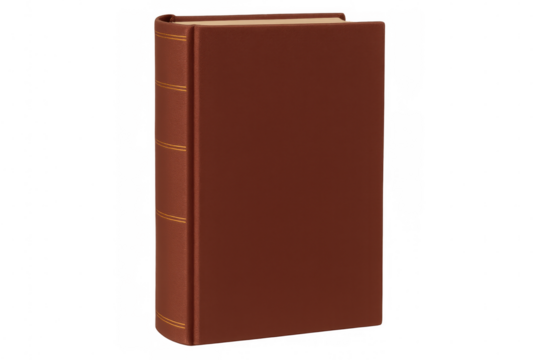 Closed book with red cover and golden decorations standing upright on transparent background, perfect for mockups or educational content
