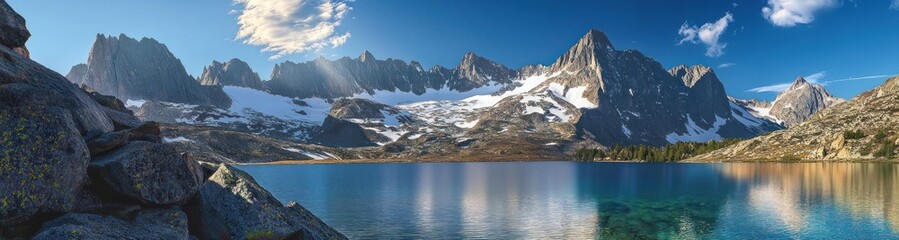 Panoramic view of rugged snow-capped mountains reflected in a pristine blue lake under a bright sky with scattered clouds and rocky foreground