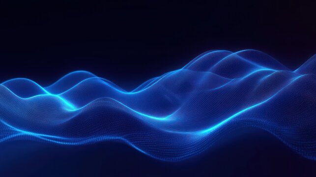 Abstract blue glowing wave formed by flowing digital particles on dark background evoking futuristic and dynamic motion