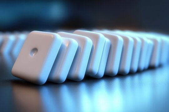 Close-up of a line of white dominoes falling in succession on a reflective surface under cool blue lighting