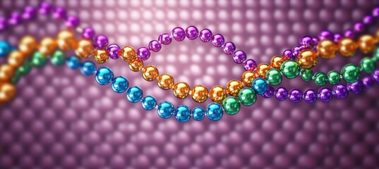 Colorful shiny spheres arranged in intertwined helix patterns on a reflective dotted purple background, depicting a dynamic and vibrant 3D molecular structure