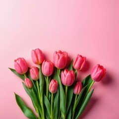 Fototapeta premium Bunch of pink tulip flowers on pastel pink background. Floral flat lay, top view layout with copy space perfect for Valentine Day, Easter, Birthday, Women Mothers Day. Romantic gift, invitation card.