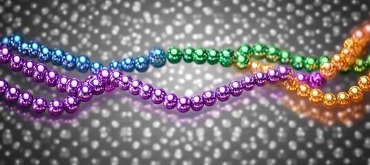 Close-up view of intertwined colorful shiny beads strands creating an abstract and festive visual effect with reflective surfaces and bokeh background