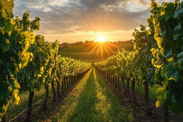 Naklejka premium Sunrise casting golden light over lush vineyard rows with green grapevines and yellow flowers under a partly cloudy sky
