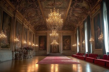 Luxurious grand hall with ornate gold decorations, multiple large chandeliers, red carpet, large paintings on the walls, and red upholstered seating along the sides illuminated by natural light