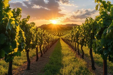 Fototapeta premium Sunset over a lush vineyard with green grapevines in neat rows and glowing golden light illuminating the landscape and cloudy sky