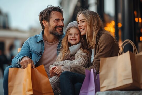 Happy family of three enjoying a shopping day outdoors, smiling and sharing a warm embrace surrounded by shopping bags in a cozy autumn setting