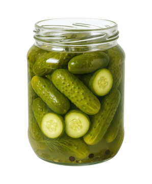Glass Jar Filled with Whole Pickled Cucumbers and Dill in Brine, Traditional Homemade Snack, Isolated on Transparent and White Background