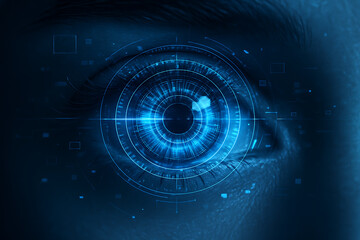 Closeup of human eye with glowing digital iris scanner and holographic HUD interface representing biometric identification futuristic technology and cyber security retina scan authentication system