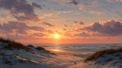 Coastal sunset over sandy beach