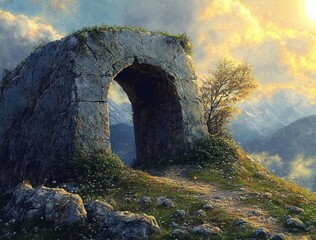 Ancient stone archway on a rocky hill surrounded by wildflowers and greenery with a tree nearby and distant misty mountains under a glowing golden sunset sky
