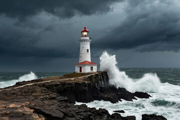 Obraz premium Photo of a lighthouse bravely stands against raging waves during a dramatic storm